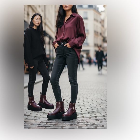 Valentino Garavani Rockstud VLOGO 85 Burgundy Leather Platform Boots 41EU/11US - Picture 3 of 17